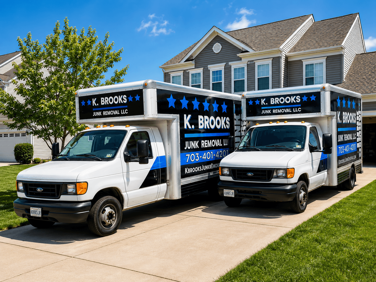 K. Brooks Junk Removal trucks outside a Northern Virginia home