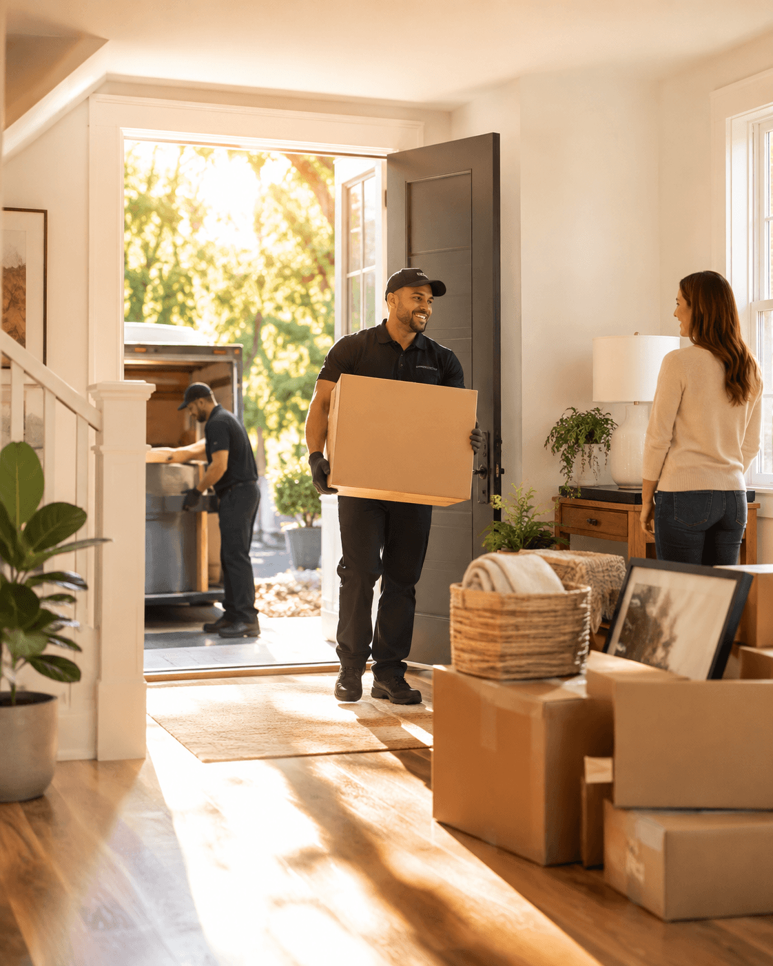 Professional junk removal crew carrying boxes from a customer's home